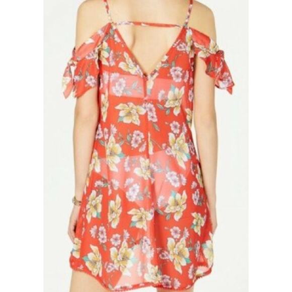Miken Women's Swim Coverup Orange Floral Cold Shoulder Size XS NWT - Picture 2 of 4